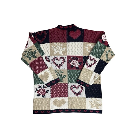 Vtg Adele Knitwear Pullover Sweater Hearts Roses Flowers Patchwork Quilt Design - Picture 4 of 5